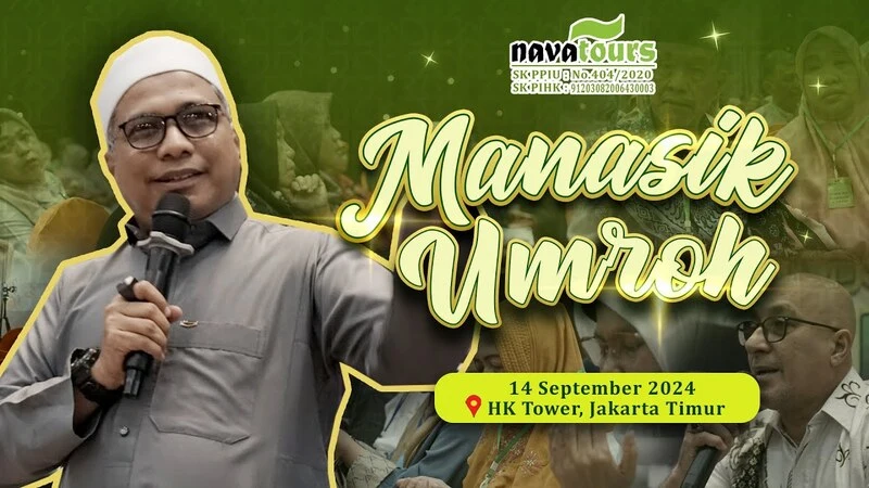 Dokumentasi manasik umroh Nava Tour pada 14 September 2024 di HK Tower Jakarta Timur, menampilkan pembimbing menyampaikan materi kepada calon jamaah